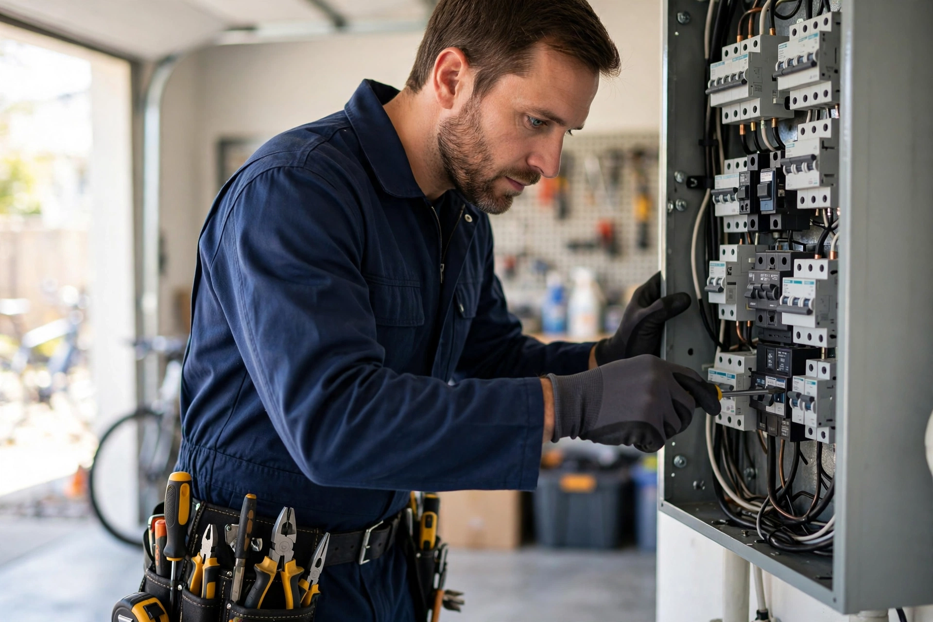 BrightLine electrician in uniform working on a residential electrical panel