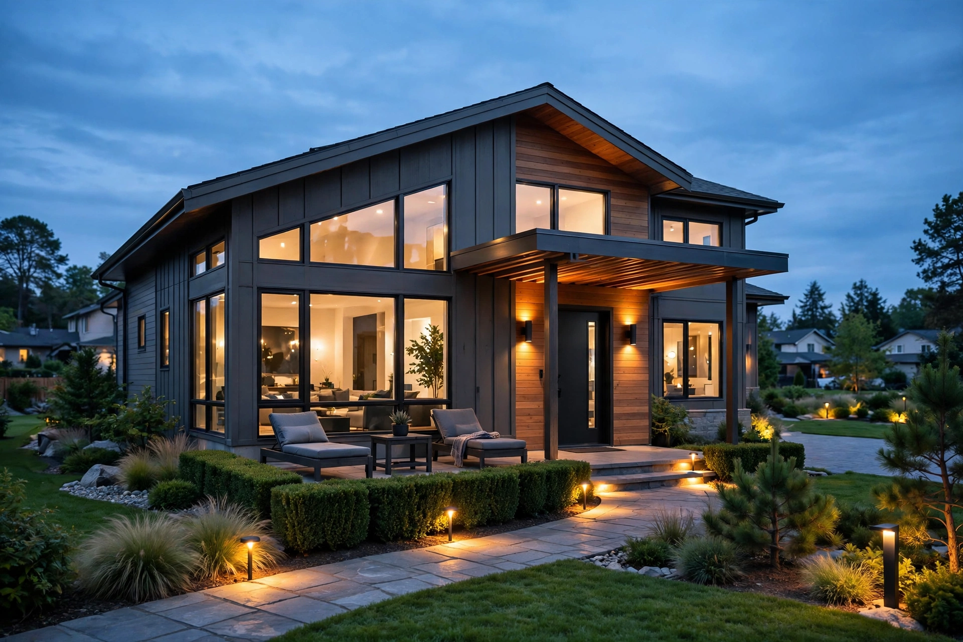 Denver home at dusk with warm landscape lighting installed by BrightLine